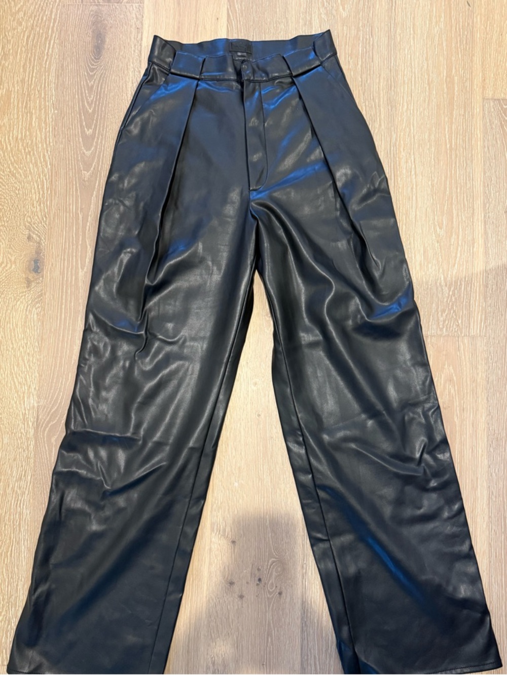 Mother Black Faux Leather High-Waist Pleated Wide Leg Pants. NWOT